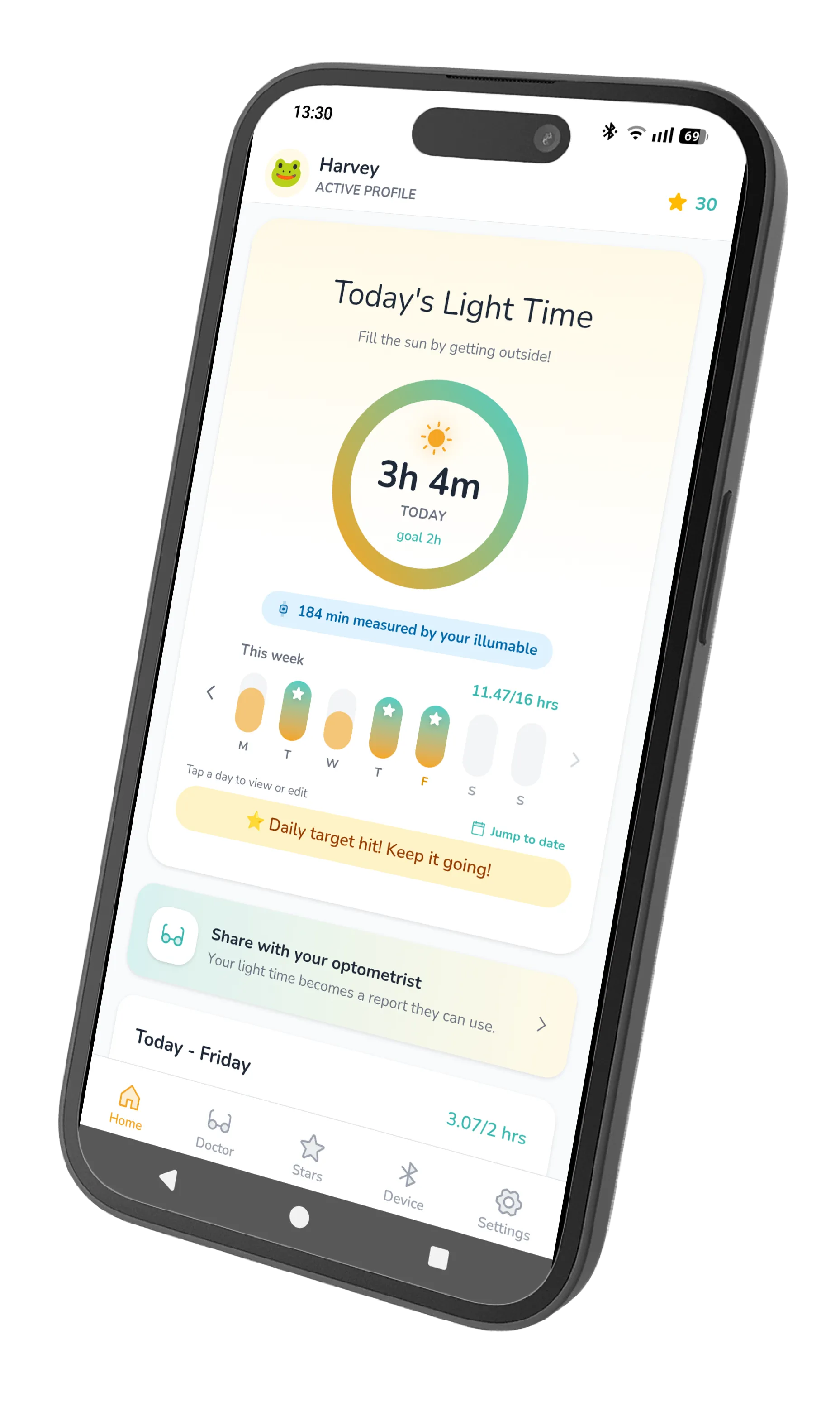 illumable app home screen showing today's light time