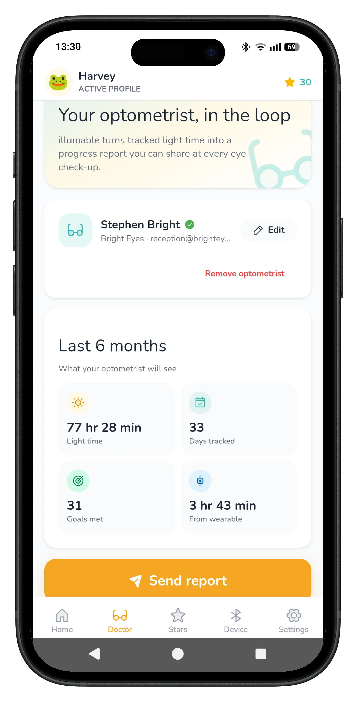 Optometrist report feature in the illumable app